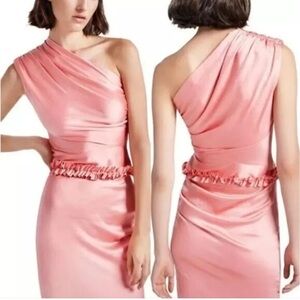 Smythe Ruffle Trim One Shoulder Top Rose Pink Size 4 Satin Smocked Blouse